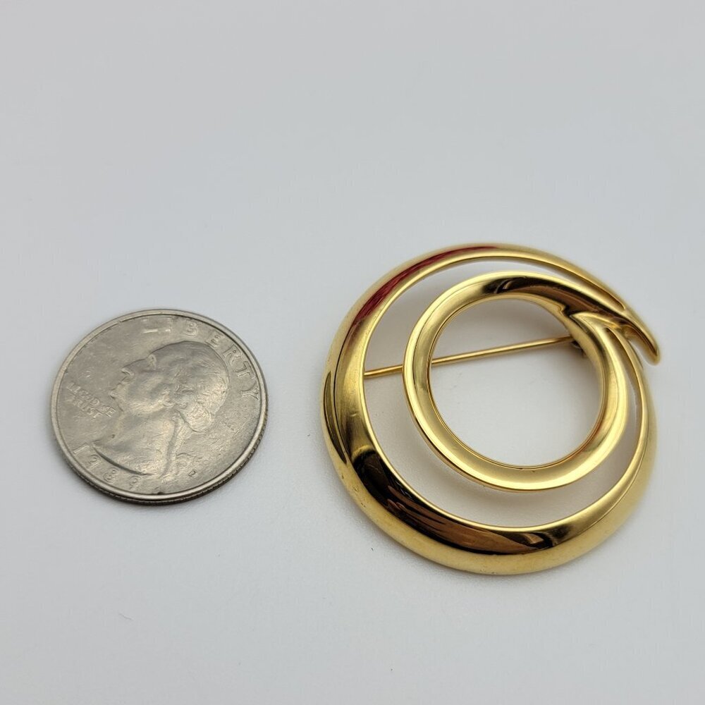 Vintage Signed MONET Gold Tone Brooch Double Circle Open Work 39 mm Modernist - Picture 6 of 7